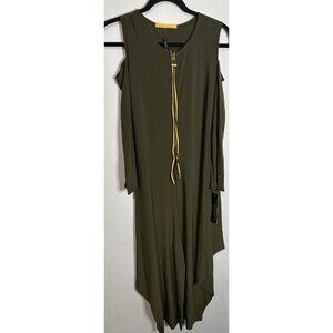 IC by Connie K Olive Peekaboo Sleeve Zip Front Asymmetrical Jumpsuit Size Medium